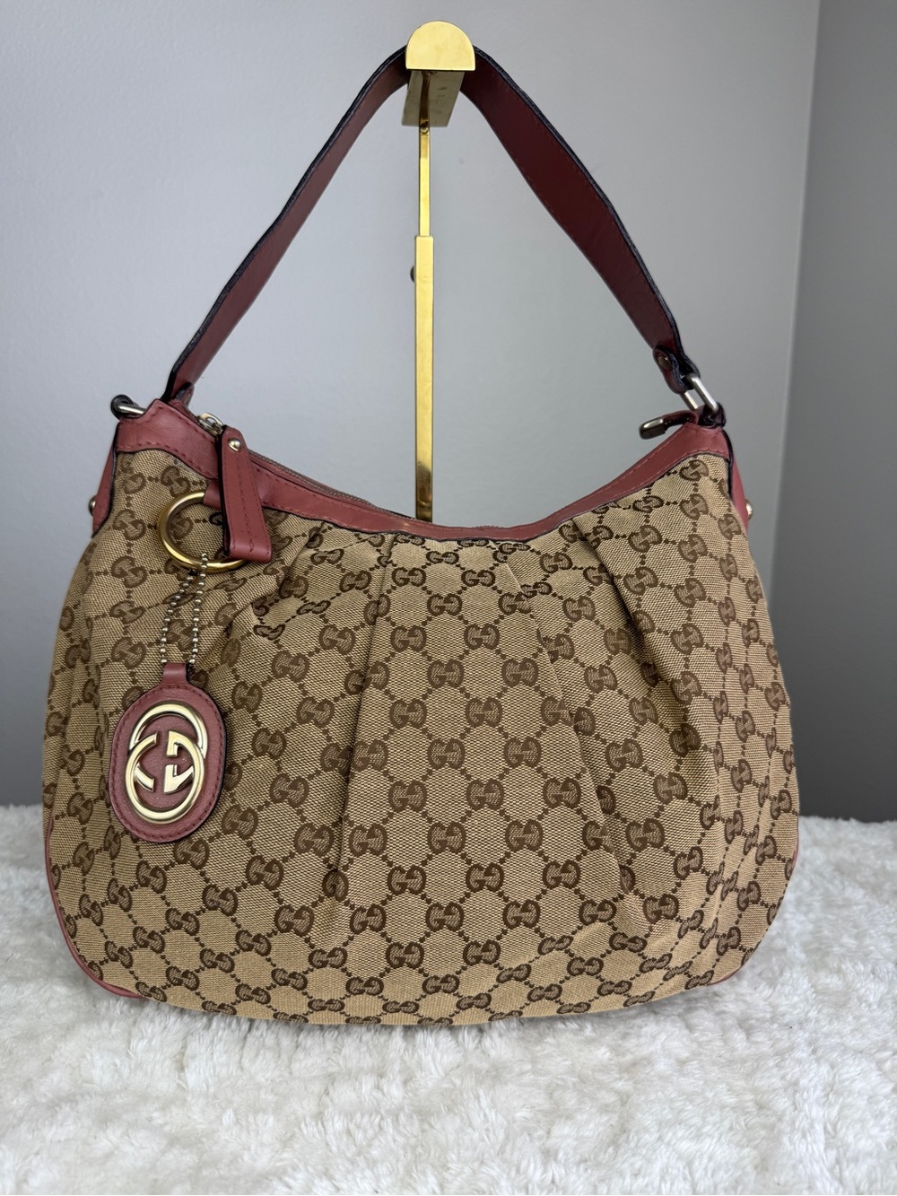 Gucci Brown GG Canvas Hobo Bag with Pink Trim